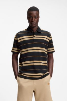Regular-fit polo in cotton piqu&eacute; with engineered stripes, Blue / Beige