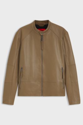 Slim-fit racer jacket in smooth leather, Beige