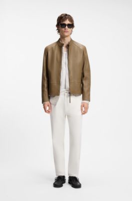 Slim-fit racer jacket in smooth leather, Beige