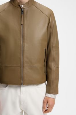 Slim-fit racer jacket in smooth leather, Beige