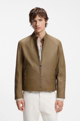 Slim-fit racer jacket in smooth leather, Beige