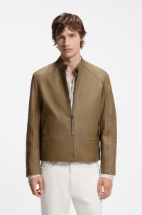 Slim-fit racer jacket in smooth leather, Beige