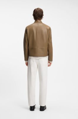 Slim-fit racer jacket in smooth leather, Beige