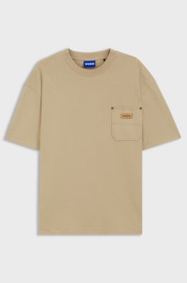 Loose-fit T-shirt in cotton with suede logo badge, Beige