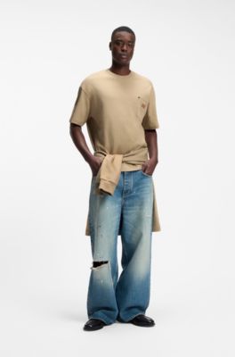 Loose-fit T-shirt in cotton with suede logo badge, Beige