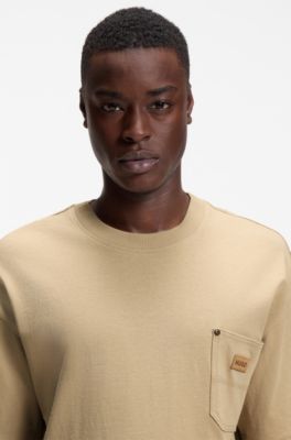 Loose-fit T-shirt in cotton with suede logo badge, Beige