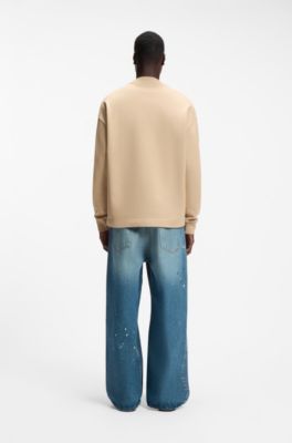 Loose-fit T-shirt in cotton with suede logo badge, Beige