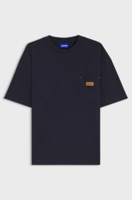 Loose-fit T-shirt in cotton with suede logo badge, Dark Blue