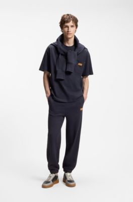 Loose-fit T-shirt in cotton with suede logo badge, Dark Blue