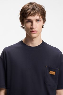 Loose-fit T-shirt in cotton with suede logo badge, Dark Blue