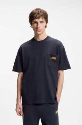 Loose-fit T-shirt in cotton with suede logo badge, Dark Blue
