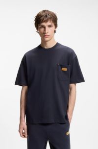 Loose-fit T-shirt in cotton with suede logo badge, Dark Blue