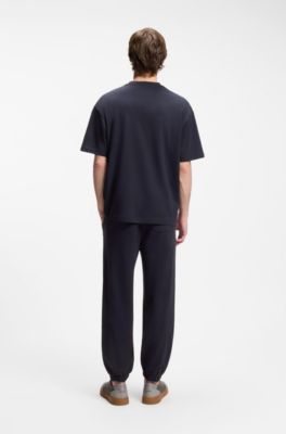 Loose-fit T-shirt in cotton with suede logo badge, Dark Blue