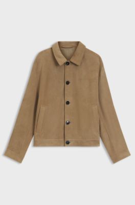 Jas van su&egrave;de met decoratieve gestikte borstzak, Beige