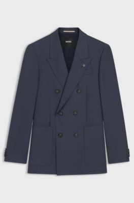 Blazer relaxed fit in lana vergine con micromotivo, Blu scuro