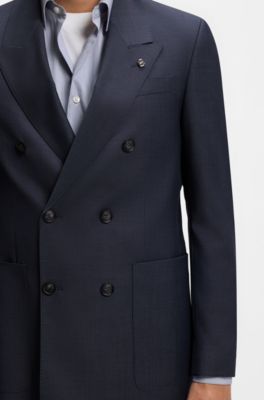 Blazer relaxed fit in lana vergine con micromotivo, Blu scuro