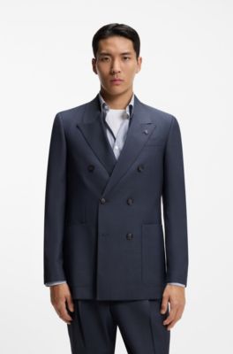 Blazer van scheerwol met microdessin in een ontspannen model, Donkerblauw