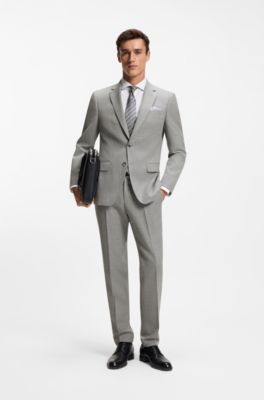 Pantalon Slim en laine stretch &agrave; micro motif, Argent