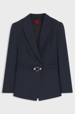 Regular-fit blazer with buckled belt, Blue stripes