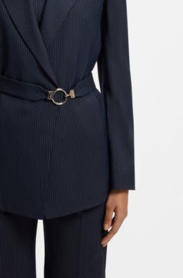 Regular-fit blazer with buckled belt, Blue stripes