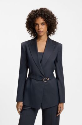 Regular-fit blazer with buckled belt, Dark Blue