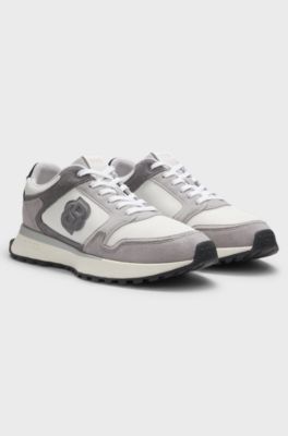 Suede-trim trainers with Double B monogram, Light Grey