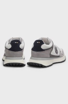Suede-trim trainers with Double B monogram, Light Grey