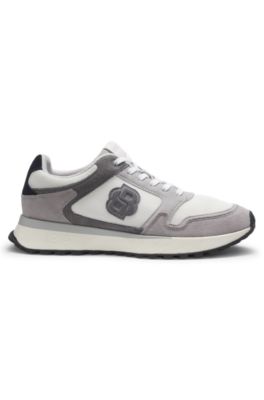 Suede-trim trainers with Double B monogram, Light Grey