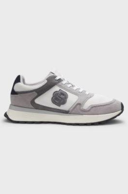 Suede-trim trainers with Double B monogram, Light Grey