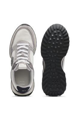 Suede-trim trainers with Double B monogram, Light Grey