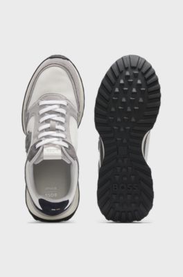 Suede-trim trainers with Double B monogram, Light Grey