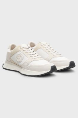 Baskets avec finitions en cuir su&eacute;d&eacute; et monogramme Double&nbsp;B, Blanc