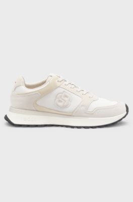 Suede-trim trainers with Double B monogram, Natural
