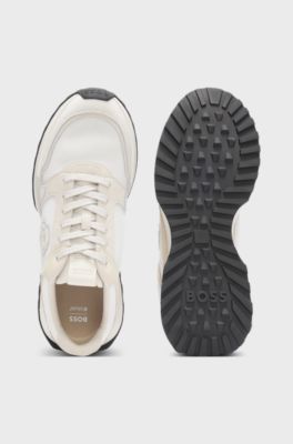 Suede-trim trainers with Double B monogram, Natural