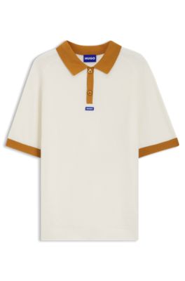 Waffle-knit polo in cotton with contrast trims, Natural