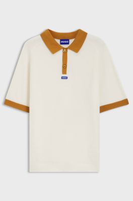 Waffle-knit polo in cotton with contrast trims, Natural