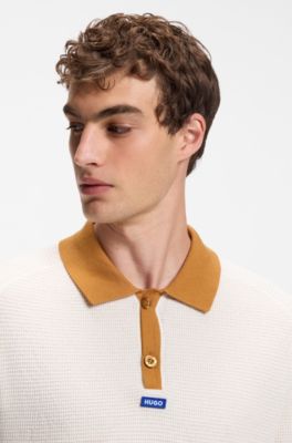 Polo van katoen met wafelstructuur en contrastdetails, Naturel