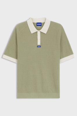 Waffle-knit polo in cotton with contrast trims, Beige