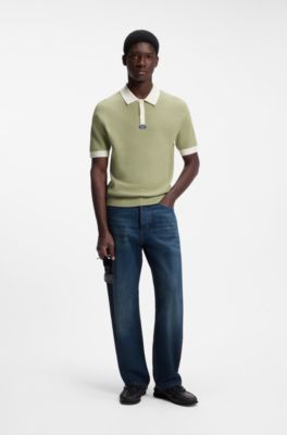 Waffle-knit polo in cotton with contrast trims, Beige