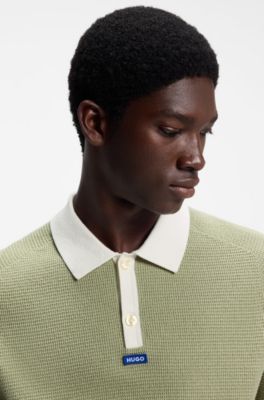 Waffle-knit polo in cotton with contrast trims, Beige