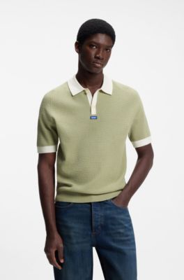 Waffle-knit polo in cotton with contrast trims, Beige