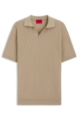 Johnny-collar knit polo in a cotton-linen jacquard, Beige
