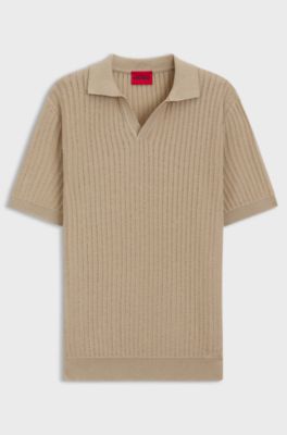Johnny-collar knit polo in a cotton-linen jacquard, Beige