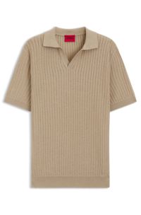 Johnny-collar knit polo in a cotton-linen jacquard, Beige