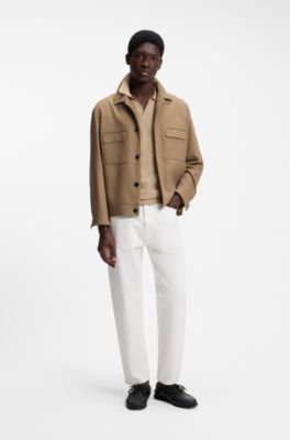 Johnny-collar knit polo in a cotton-linen jacquard, Beige