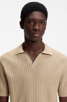 Johnny-collar knit polo in a cotton-linen jacquard, Beige