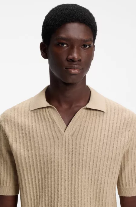 Johnny-collar knit polo in a cotton-linen jacquard