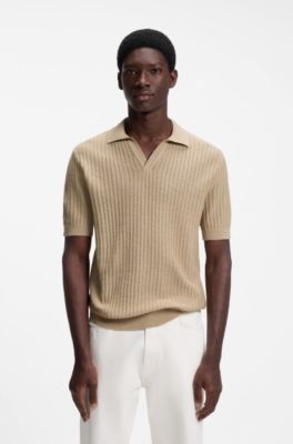Johnny-collar knit polo in a cotton-linen jacquard, Beige