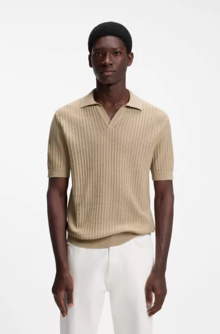 Johnny-collar knit polo in a cotton-linen jacquard