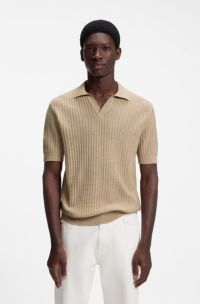 Strick-Poloshirt aus Baumwoll-Leinen-Jacquard mit Johnny-Kragen, Beige